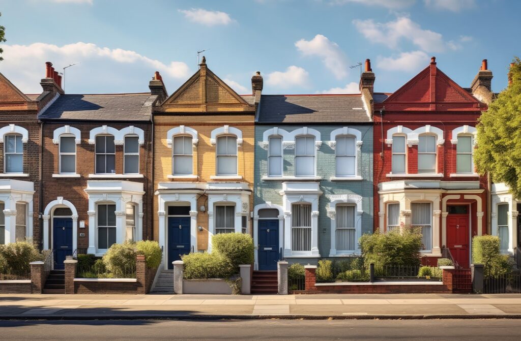 Multicolour houses in a row. Street view.