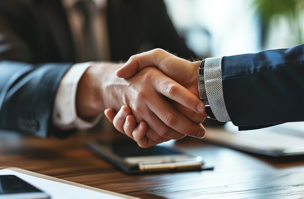 Two men shaking hands over a mortgage deal.